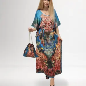 Caftan Dress Lagoon Breeze - Silk Satin Fabric